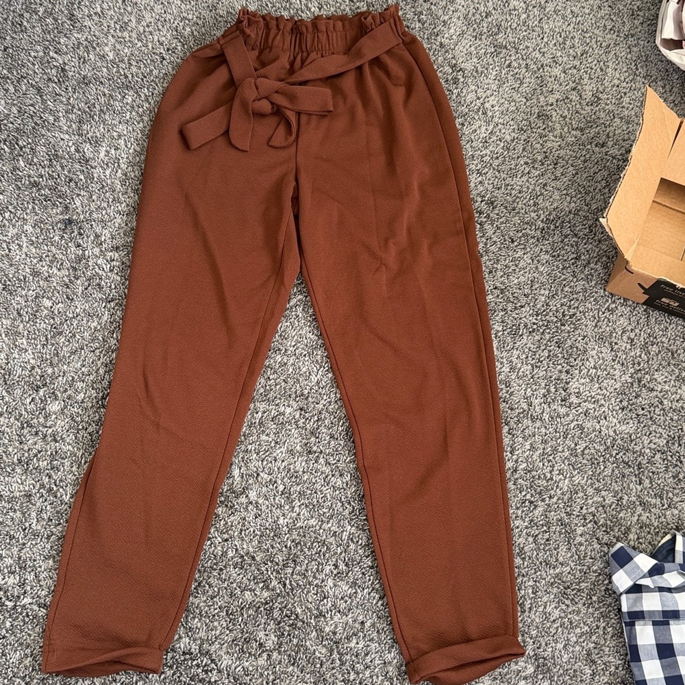 Brown High-Waisted Tie Pants